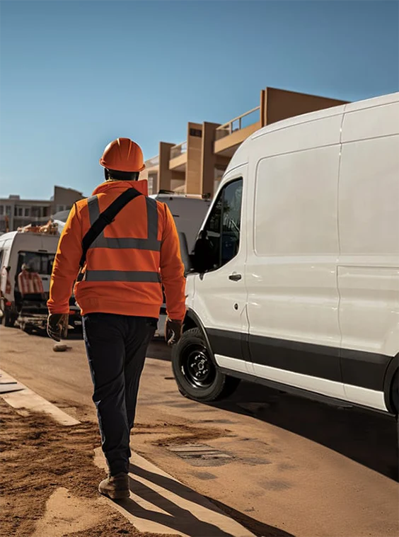 Contractor wearing bright orange walking by a contractor van
