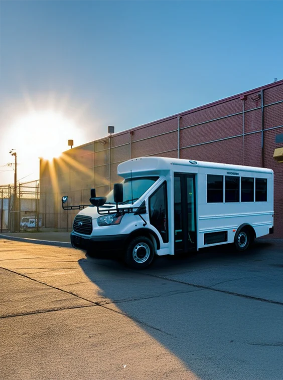 White shuttle bus parked next to a prison near Las Vegas